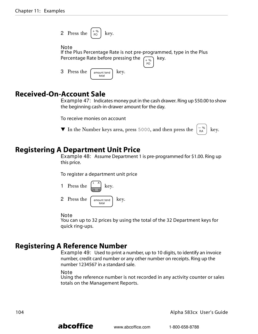 ABC Office Alpha 583cx manual Received-On-Account Sale, Registering a Department Unit Price, Registering a Reference Number 