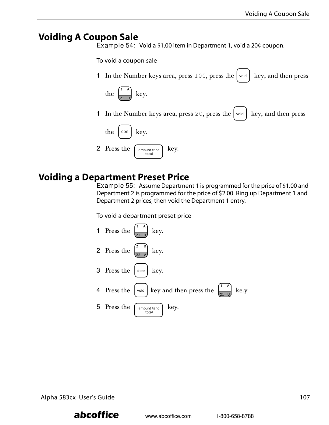 ABC Office manual Voiding a Coupon Sale, Voiding a Department Preset Price, Alpha 583cx User’s Guide 107 