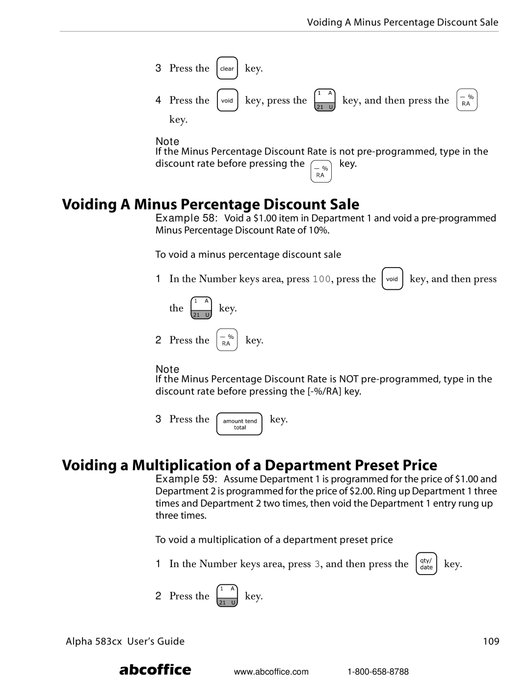 ABC Office Alpha 583cx Voiding a Minus Percentage Discount Sale, Voiding a Multiplication of a Department Preset Price 