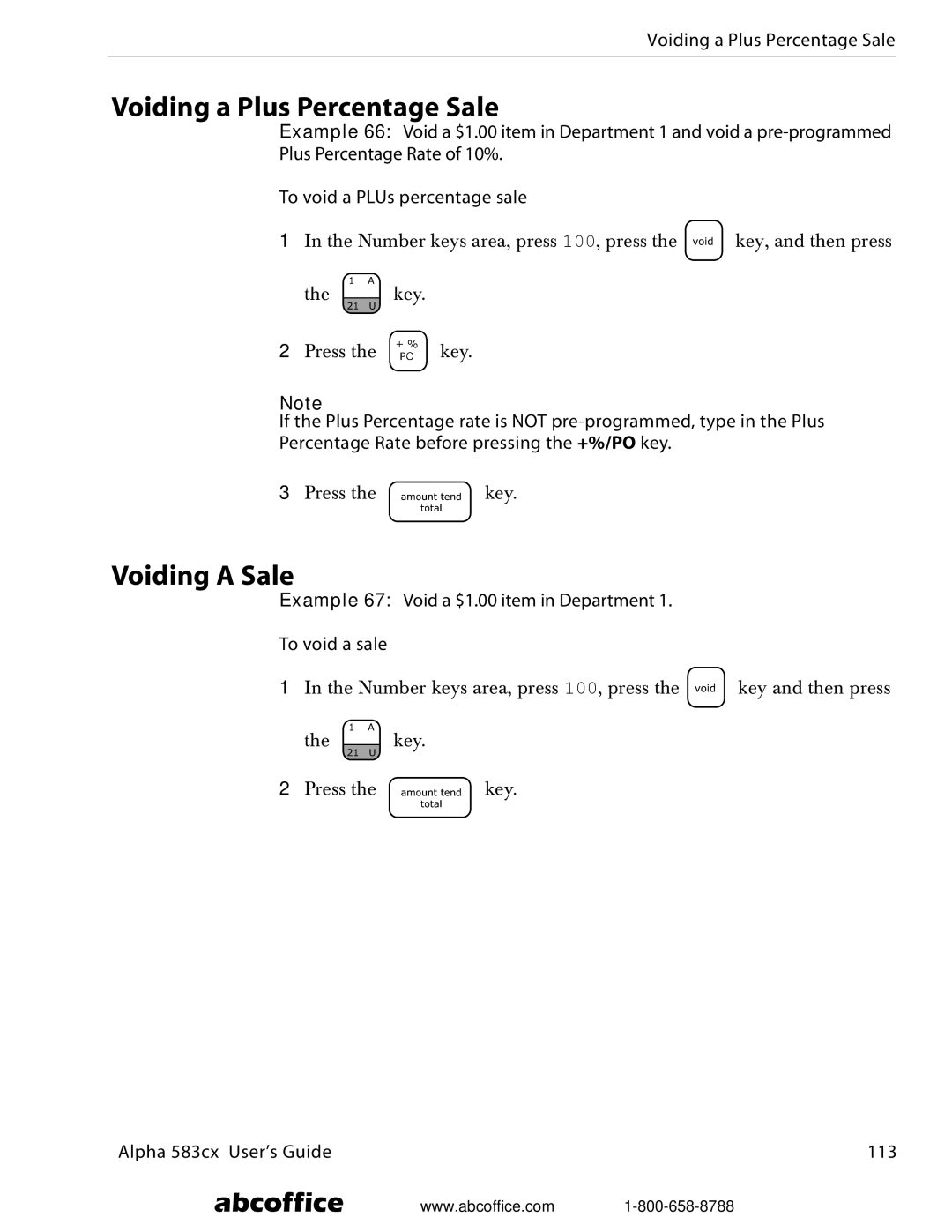 ABC Office manual Voiding a Plus Percentage Sale, Voiding a Sale, Alpha 583cx User’s Guide 113 