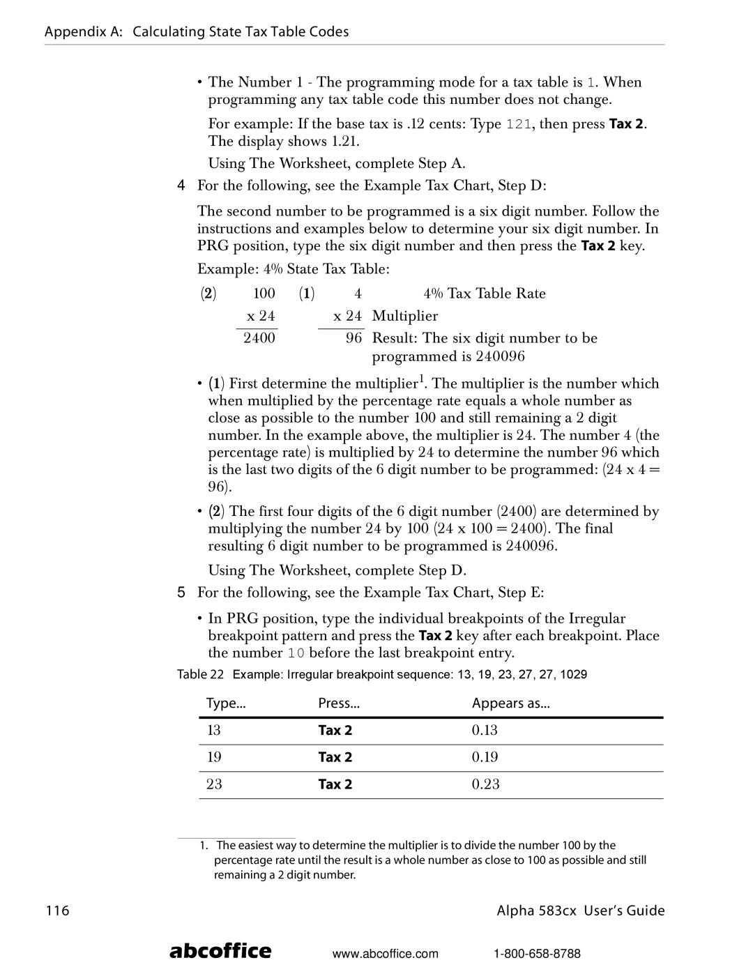 ABC Office Alpha 583cx manual Appendix a Calculating State Tax Table Codes, Type Press Appears as 