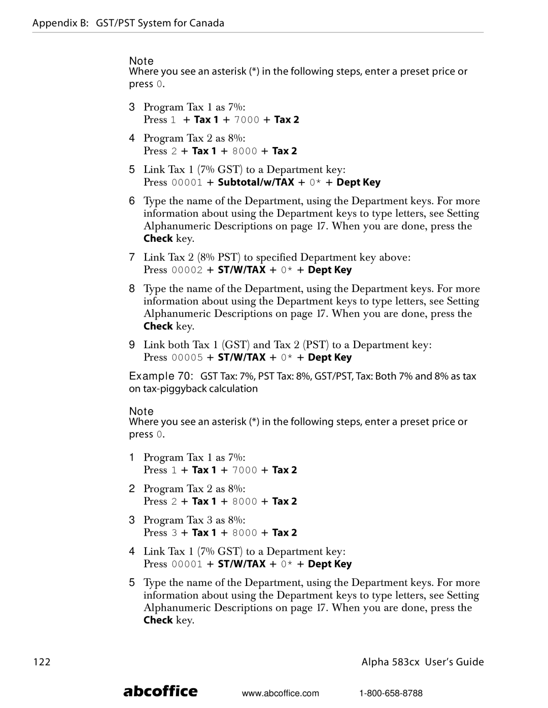 ABC Office Alpha 583cx manual Press 00001 + Subtotal/w/TAX + 0* + Dept Key 