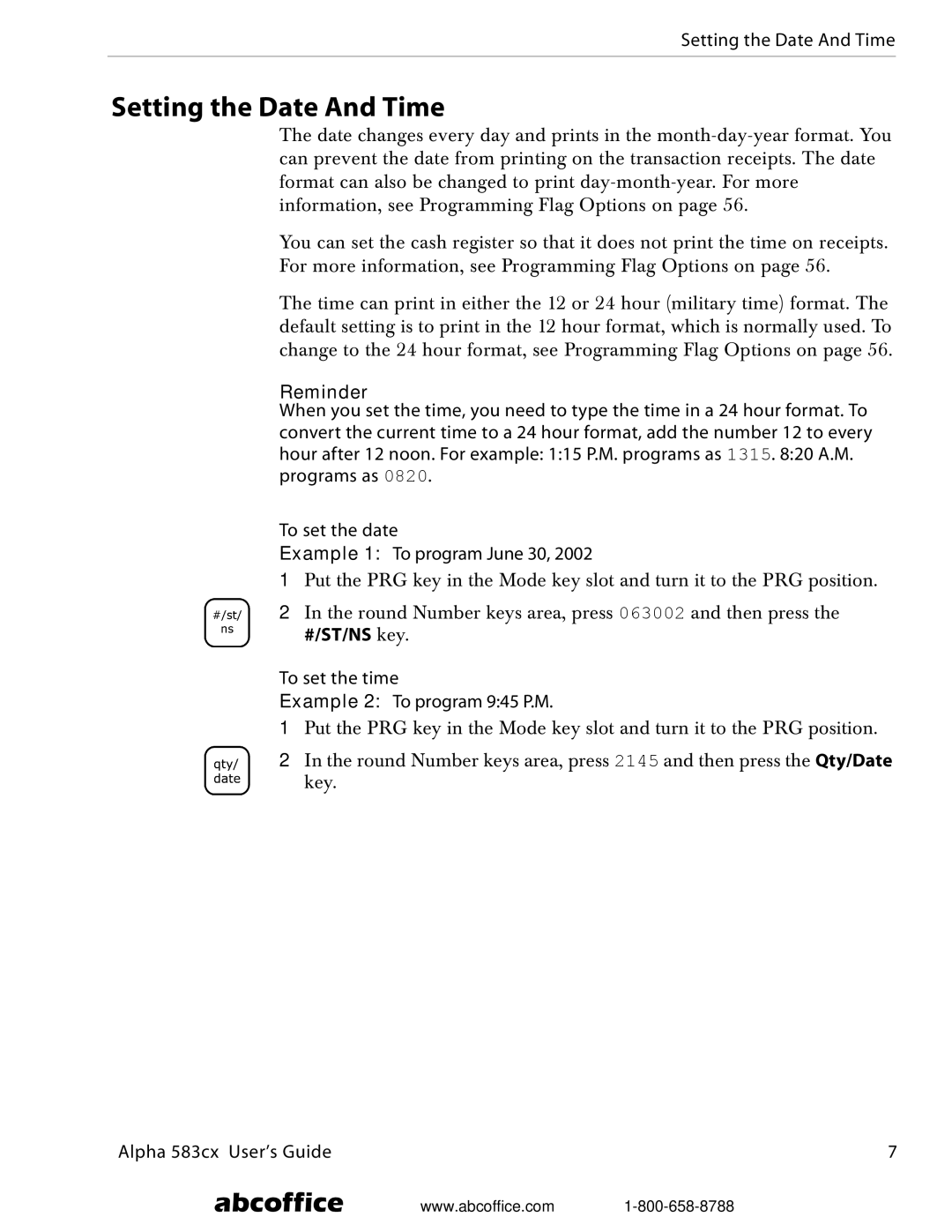 ABC Office Alpha 583cx manual Setting the Date And Time, To set the time Example 2 To program 945 P.M 