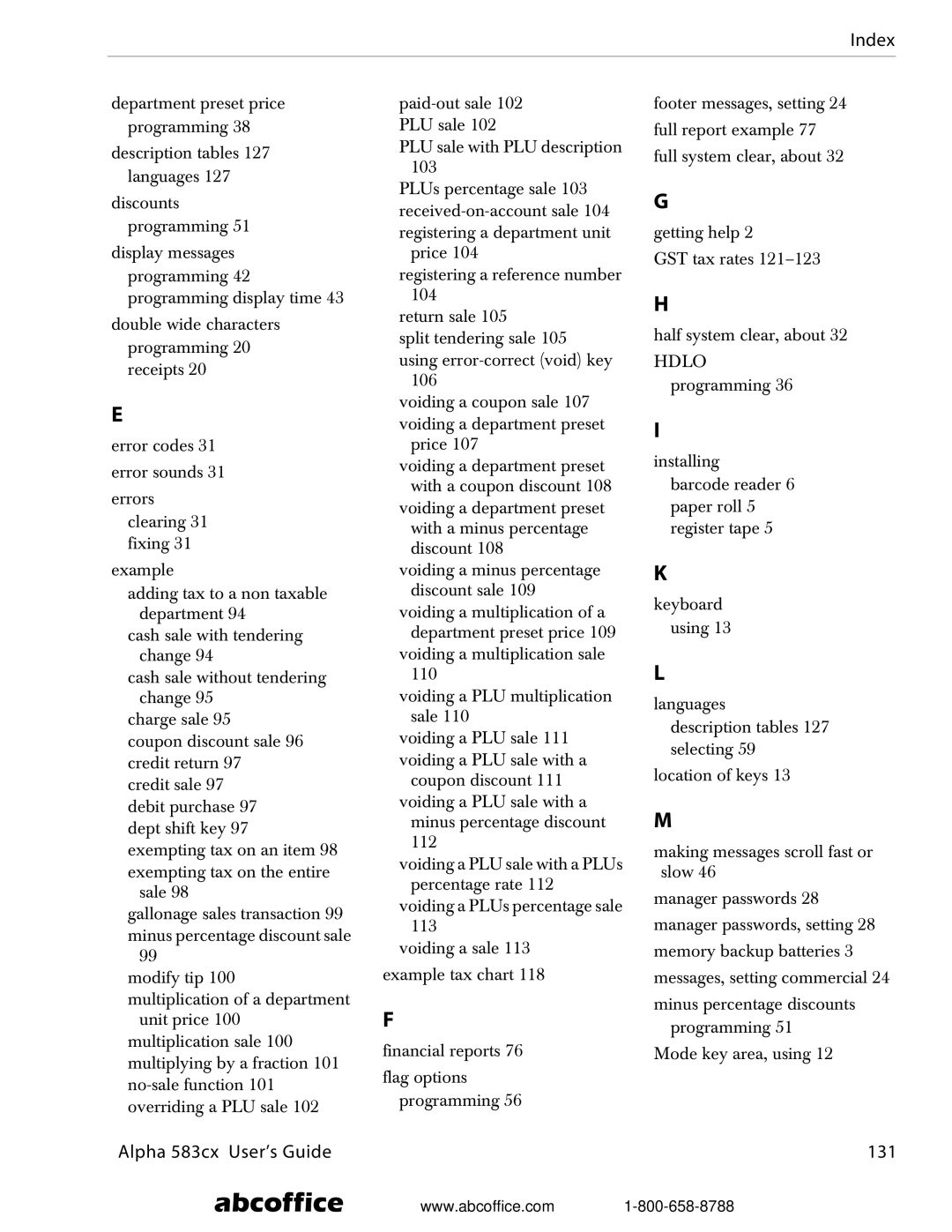 ABC Office manual Index, Alpha 583cx User’s Guide 131 