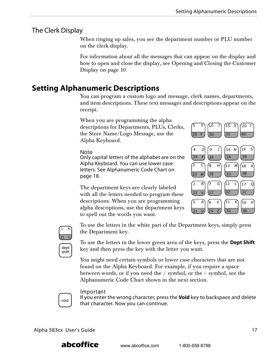 ABC Office Alpha 583cx manual Setting Alphanumeric Descriptions, Clerk Display 