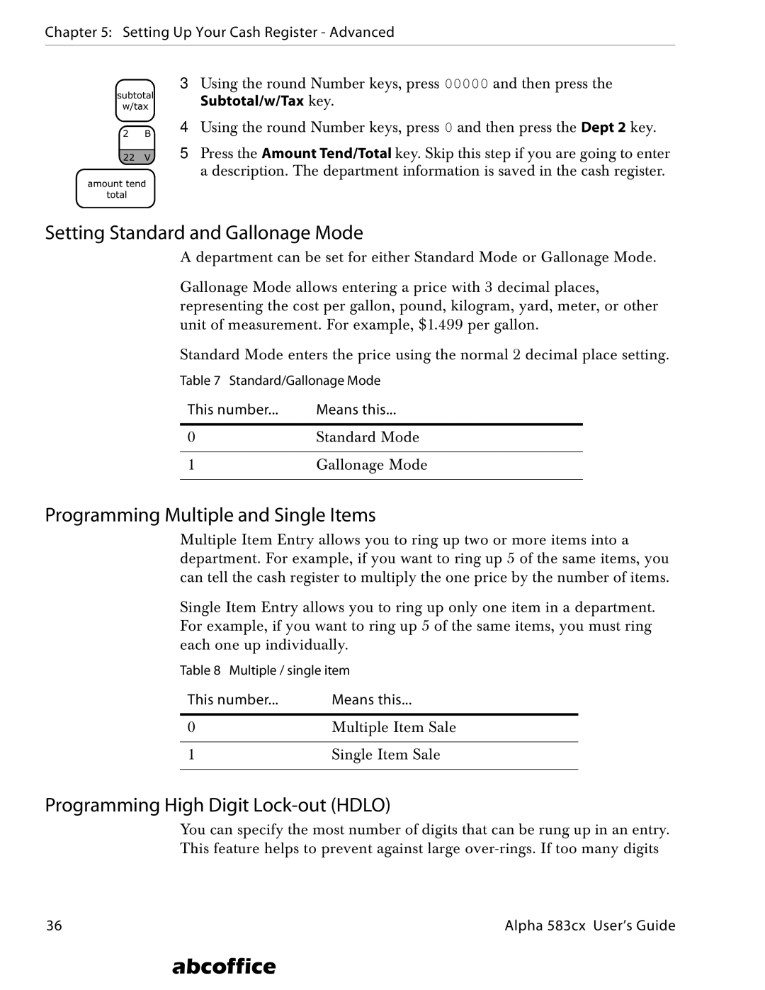 ABC Office Alpha 583cx Setting Standard and Gallonage Mode, Programming Multiple and Single Items, This number Means this 