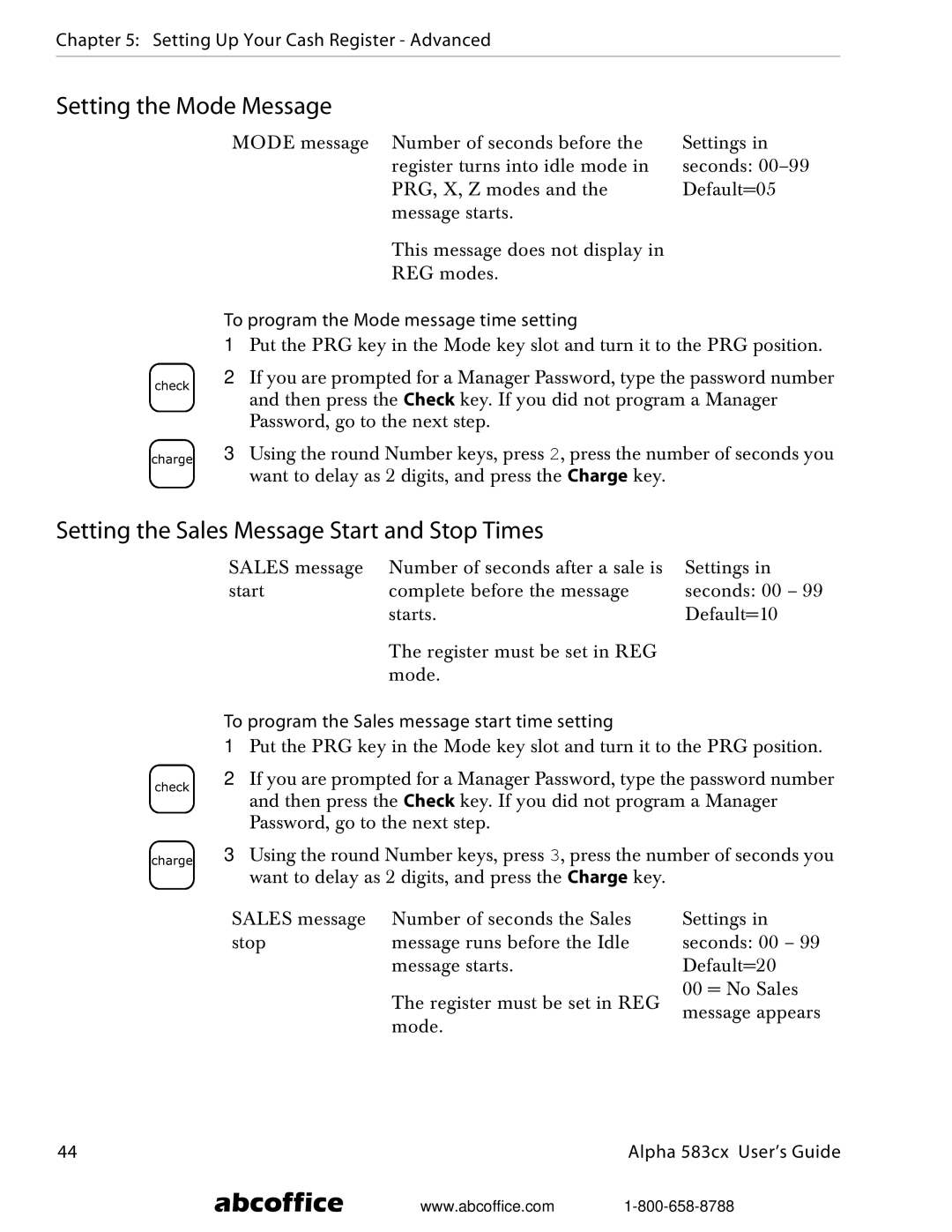 ABC Office Alpha 583cx manual Setting the Mode Message, Setting the Sales Message Start and Stop Times 