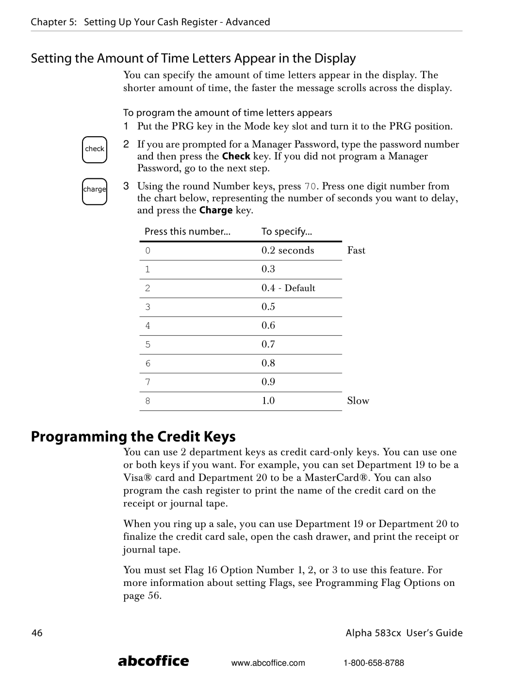 ABC Office Alpha 583cx manual Programming the Credit Keys, Setting the Amount of Time Letters Appear in the Display 