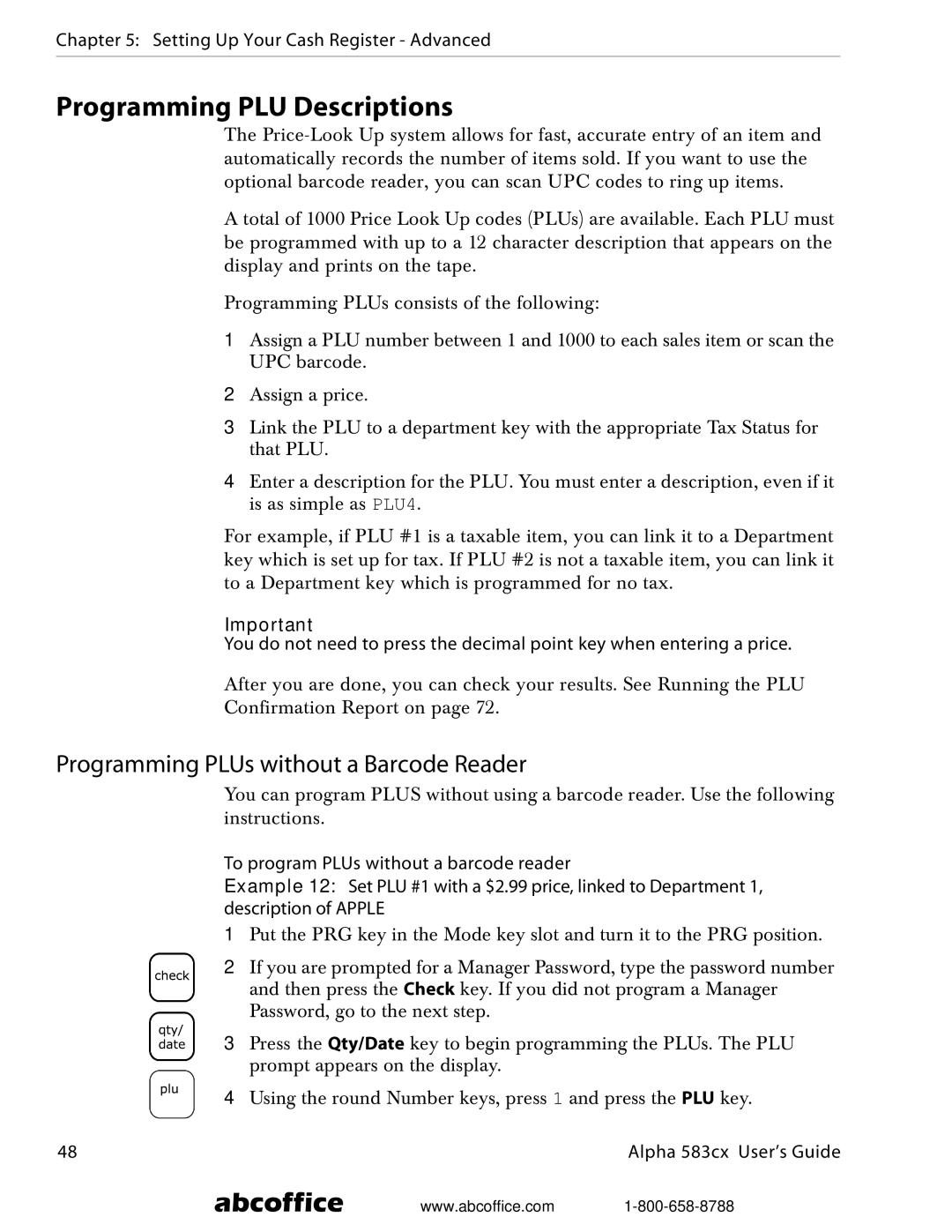 ABC Office Alpha 583cx manual Programming PLU Descriptions, Programming PLUs without a Barcode Reader 