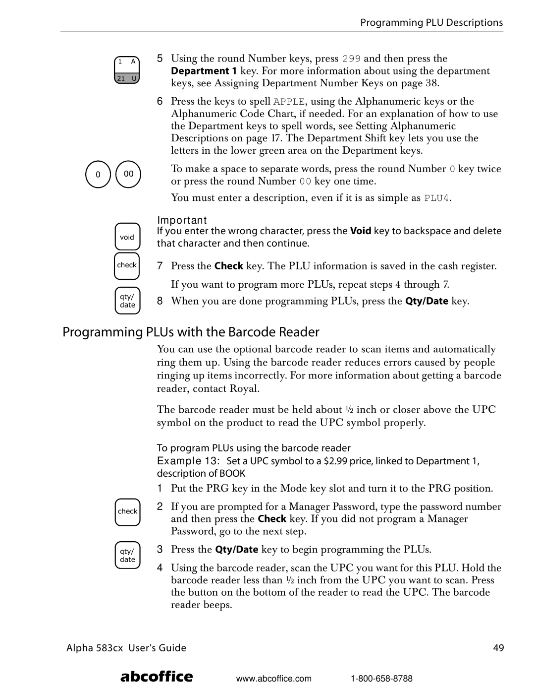 ABC Office Alpha 583cx manual Programming PLUs with the Barcode Reader, Programming PLU Descriptions 