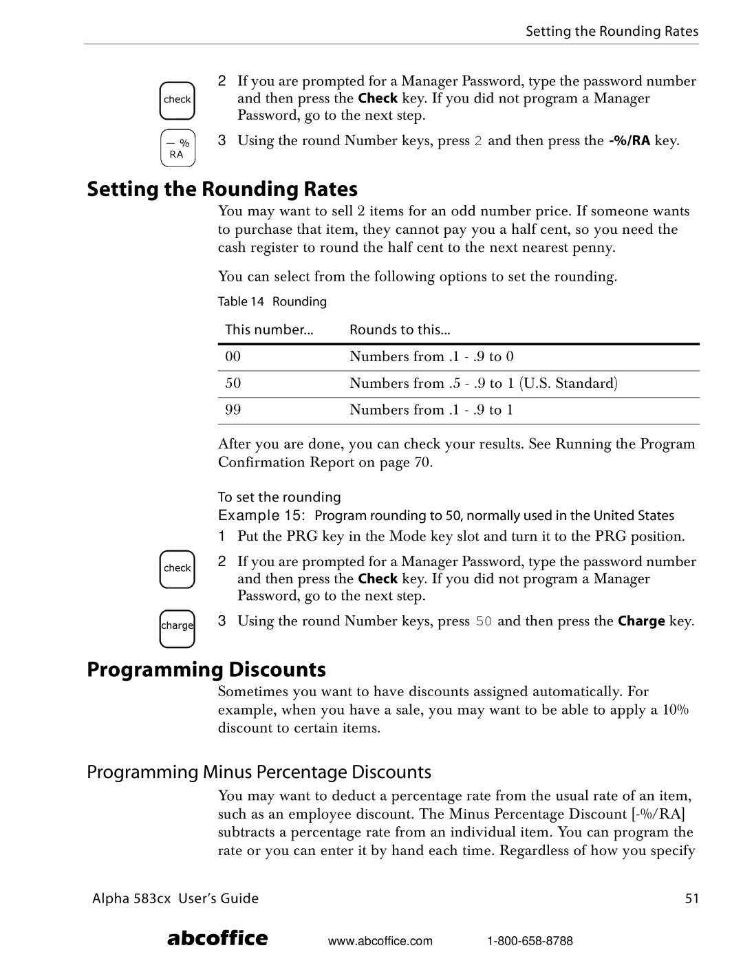 ABC Office Alpha 583cx manual Setting the Rounding Rates, Programming Discounts, Programming Minus Percentage Discounts 