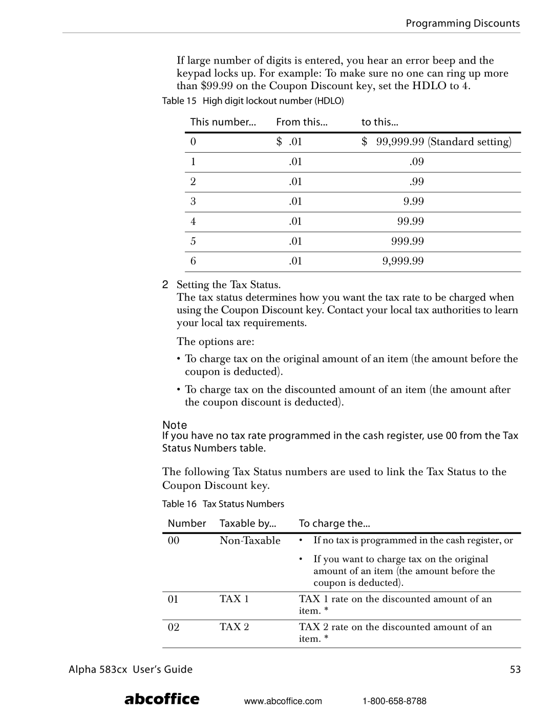 ABC Office Alpha 583cx manual Programming Discounts, Number Taxable by To charge 