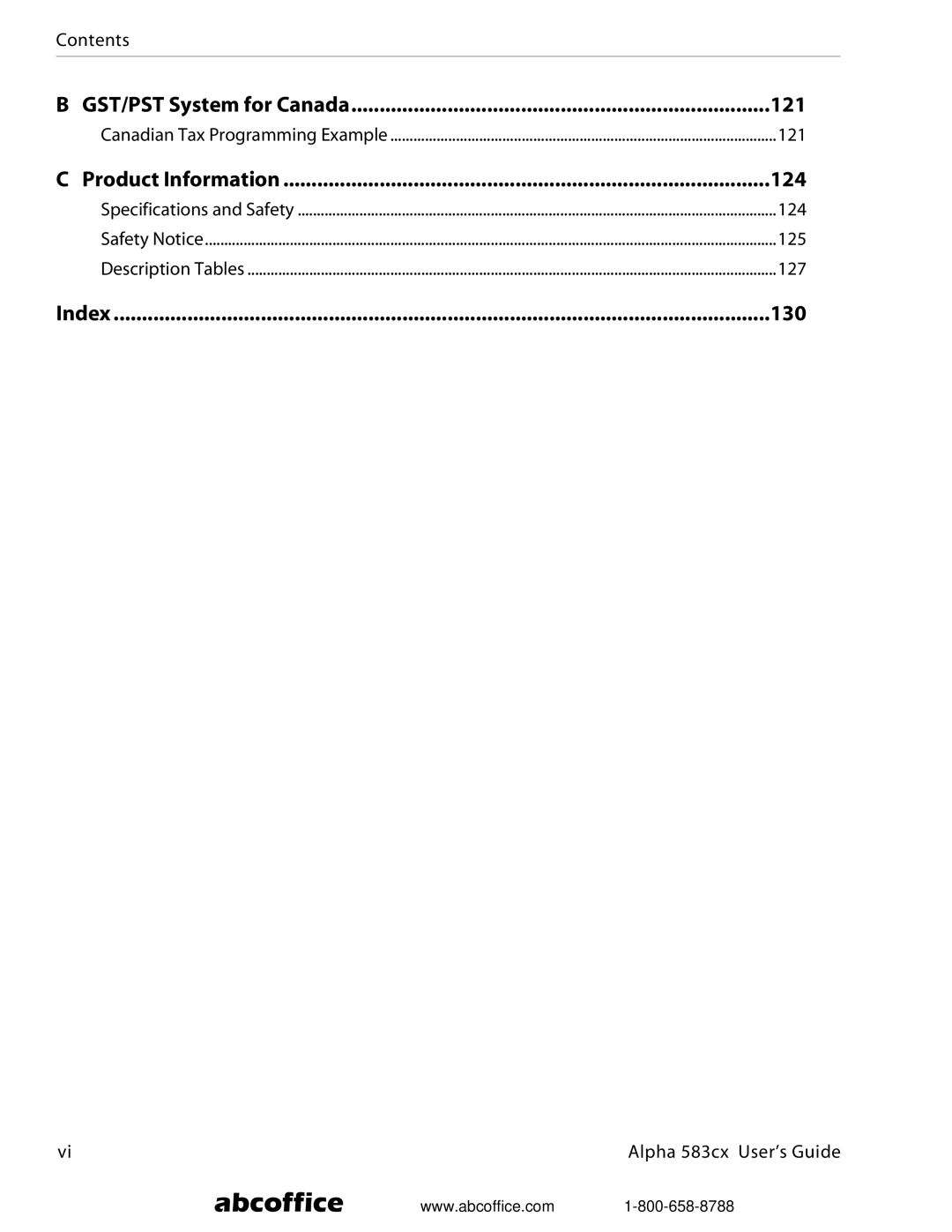 ABC Office Alpha 583cx manual 121, 124, 125, 127 