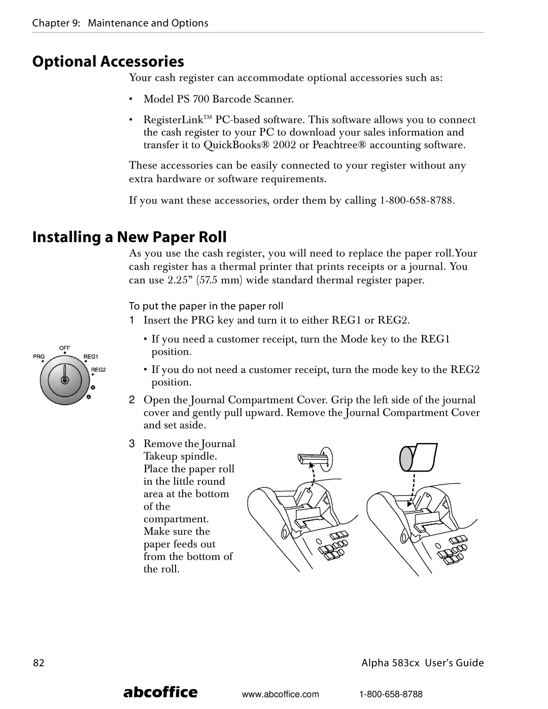 ABC Office Alpha 583cx manual Optional Accessories, Installing a New Paper Roll, Maintenance and Options 