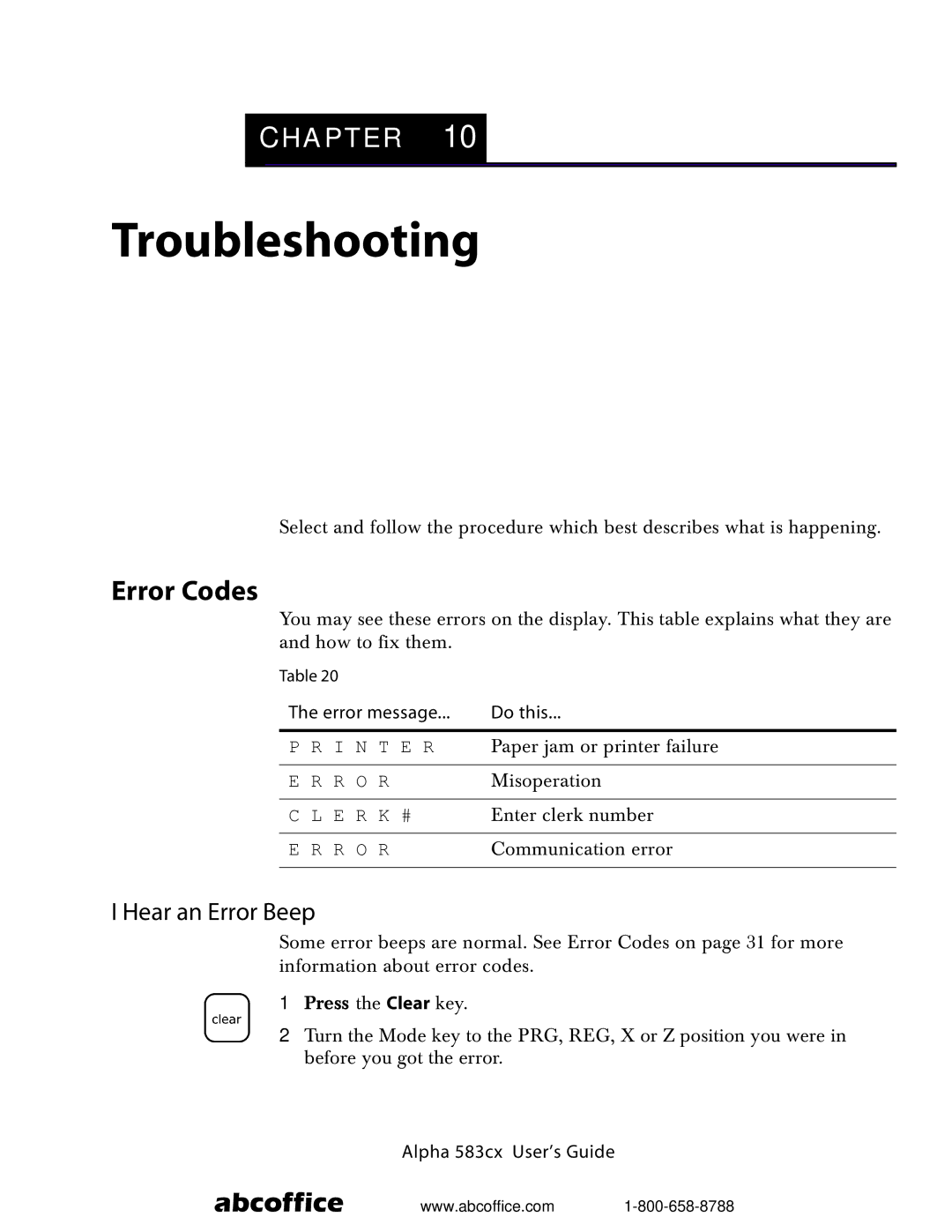 ABC Office Alpha 583cx manual Troubleshooting, Hear an Error Beep, Error message Do this 