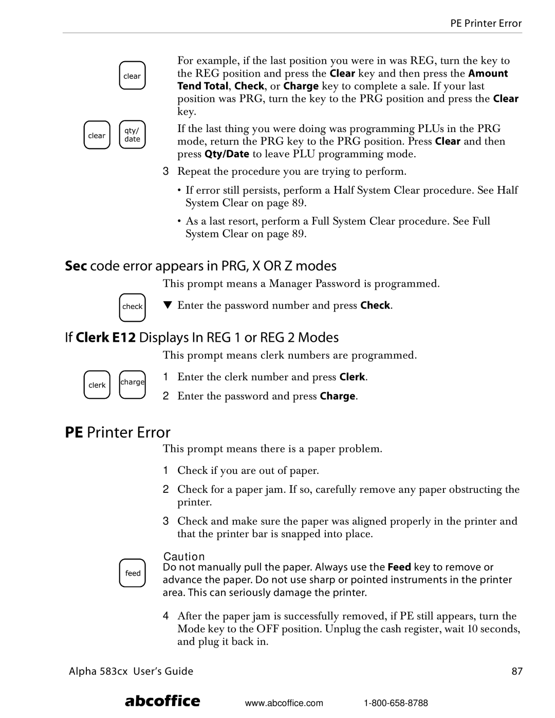 ABC Office Alpha 583cx manual Sec code error appears in PRG, X or Z modes, If Clerk E12 Displays In REG 1 or REG 2 Modes 