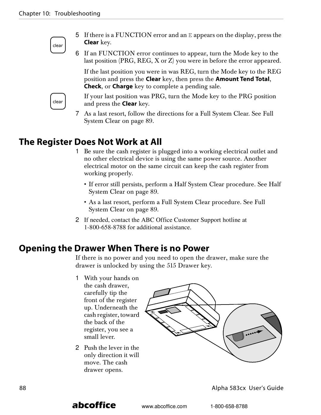 ABC Office Alpha 583cx manual Register Does Not Work at All, Opening the Drawer When There is no Power, Troubleshooting 