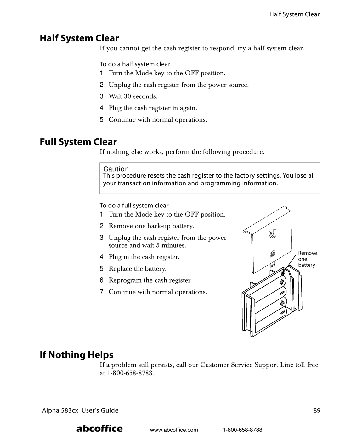 ABC Office Alpha 583cx manual Half System Clear, Full System Clear, If Nothing Helps, To do a half system clear 