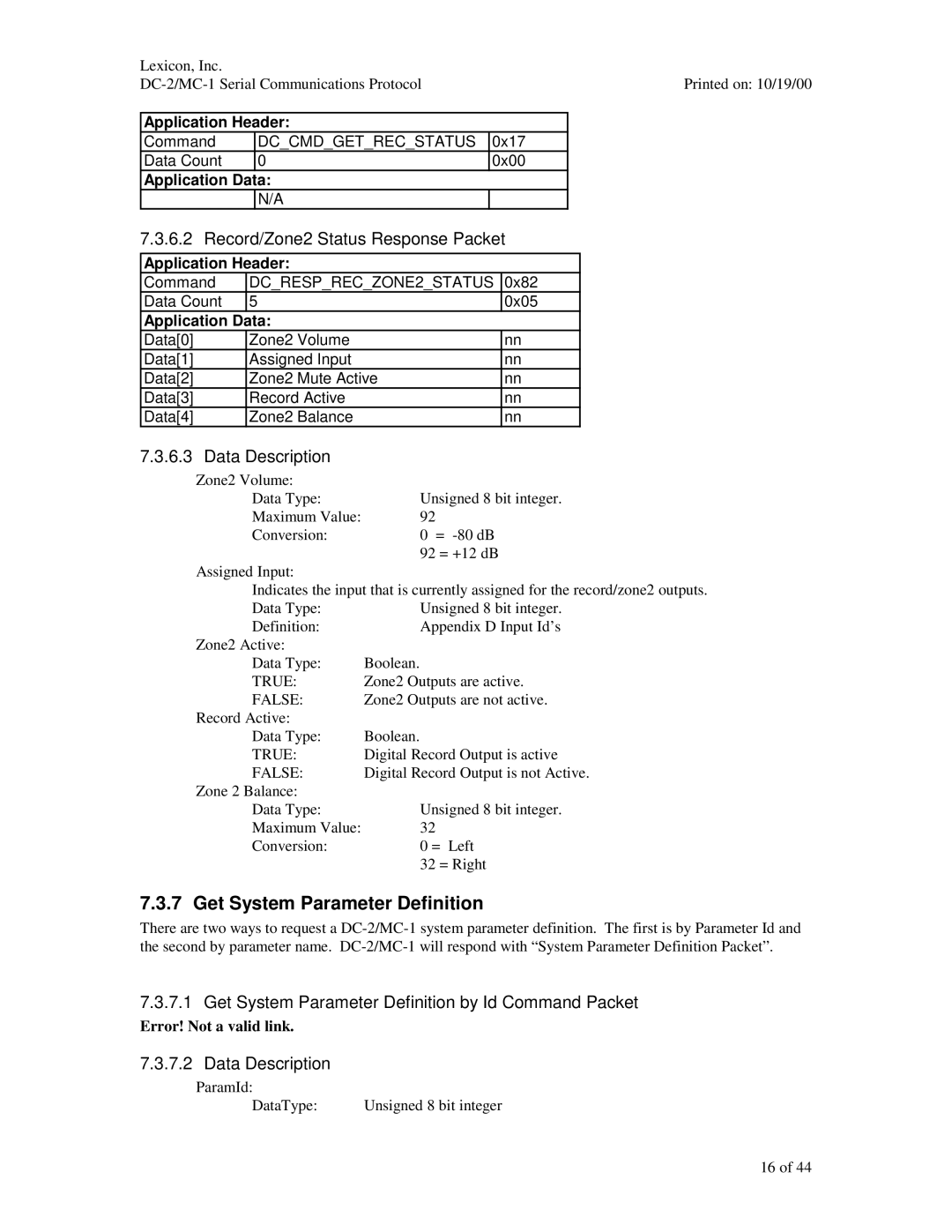 ABC Office MC-1, DC-2 manual Get System Parameter Definition, Record/Zone2 Status Response Packet, Dccmdgetrecstatus 