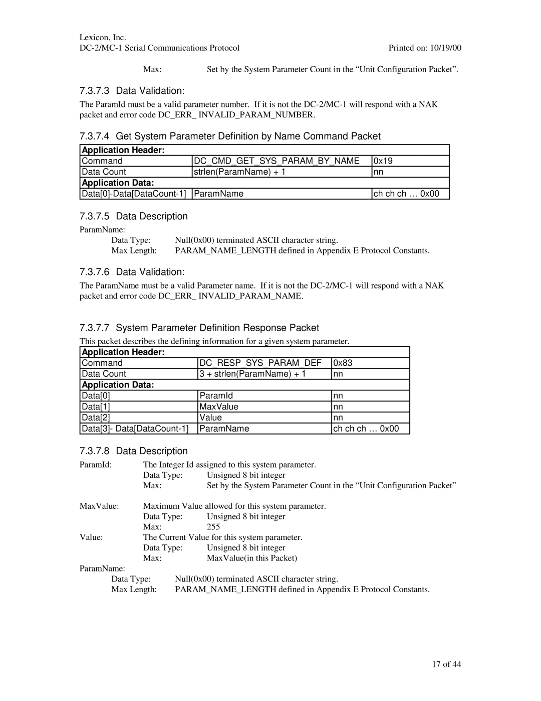 ABC Office DC-2, MC-1 Get System Parameter Definition by Name Command Packet, System Parameter Definition Response Packet 