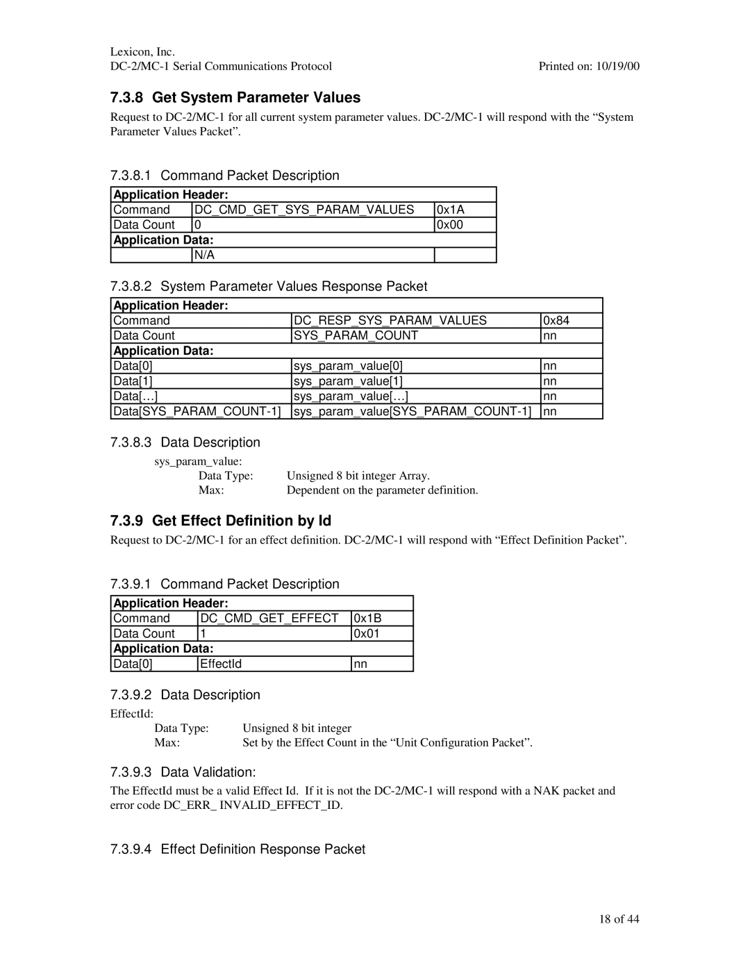 ABC Office MC-1, DC-2 Get System Parameter Values, Get Effect Definition by Id, System Parameter Values Response Packet 