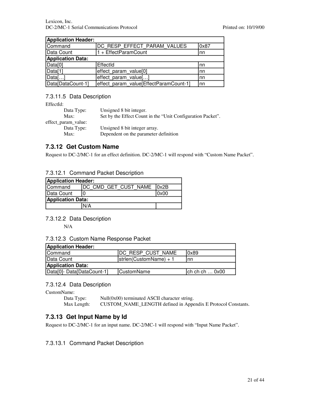 ABC Office DC-2, MC-1 manual Get Custom Name, Get Input Name by Id, Data Description Custom Name Response Packet 