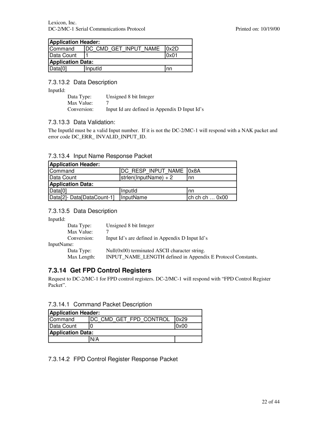 ABC Office MC-1, DC-2 manual Get FPD Control Registers, Input Name Response Packet, FPD Control Register Response Packet 