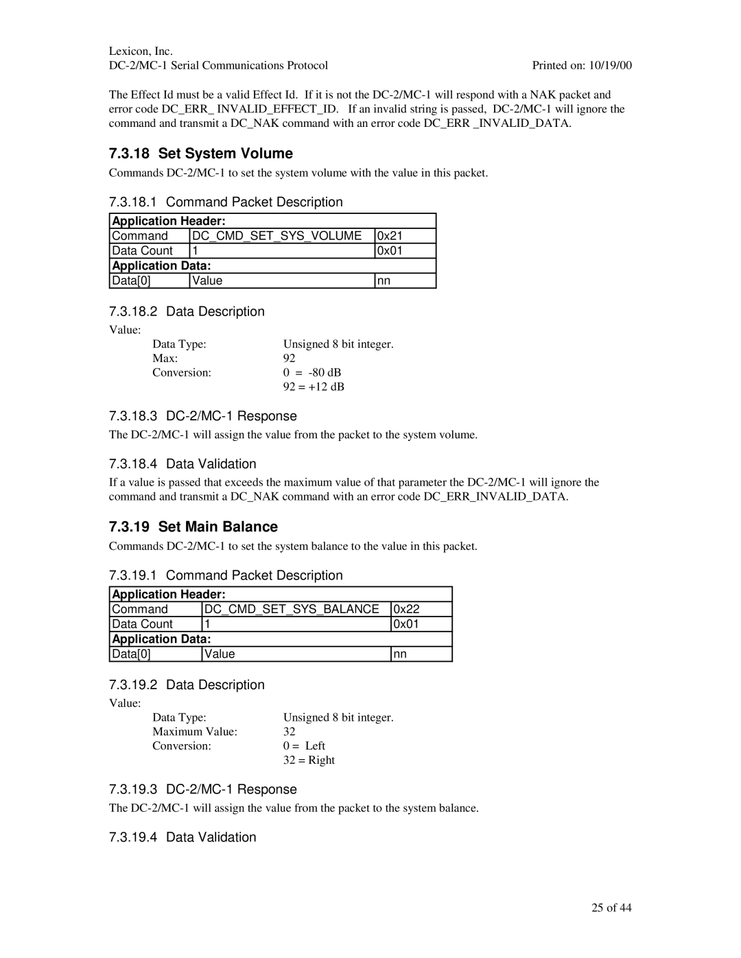 ABC Office manual Set System Volume, Set Main Balance, 18.3 DC-2/MC-1 Response, 19.3 DC-2/MC-1 Response 