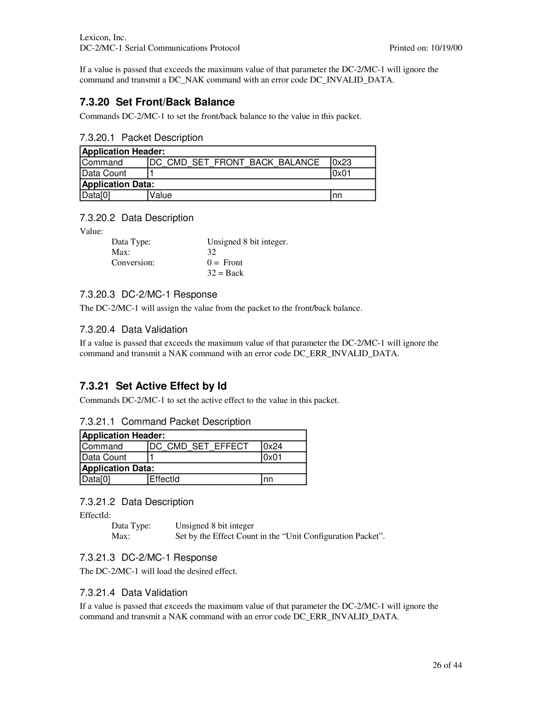 ABC Office manual Set Front/Back Balance, Set Active Effect by Id, Packet Description, 20.3 DC-2/MC-1 Response 