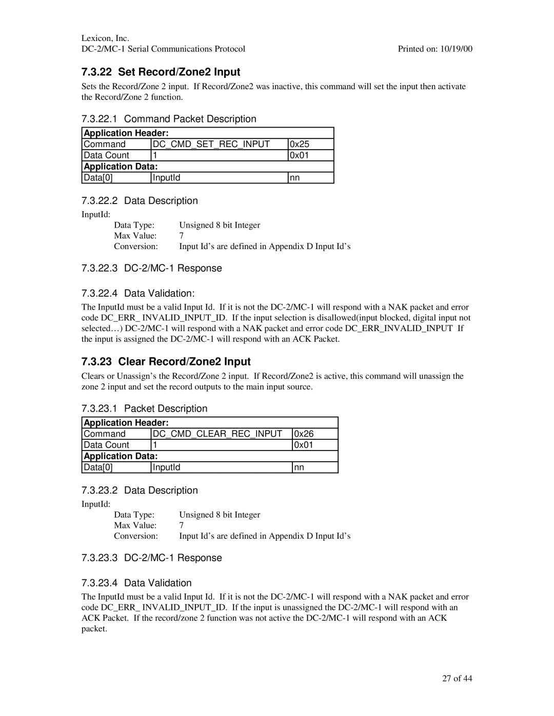 ABC Office manual Set Record/Zone2 Input, Clear Record/Zone2 Input, 22.3 DC-2/MC-1 Response Data Validation 