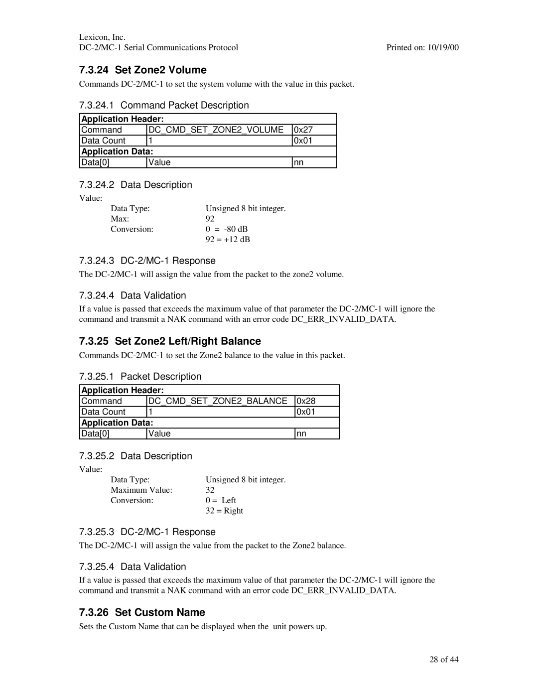 ABC Office manual Set Zone2 Volume, Set Zone2 Left/Right Balance, Set Custom Name, 24.3 DC-2/MC-1 Response 