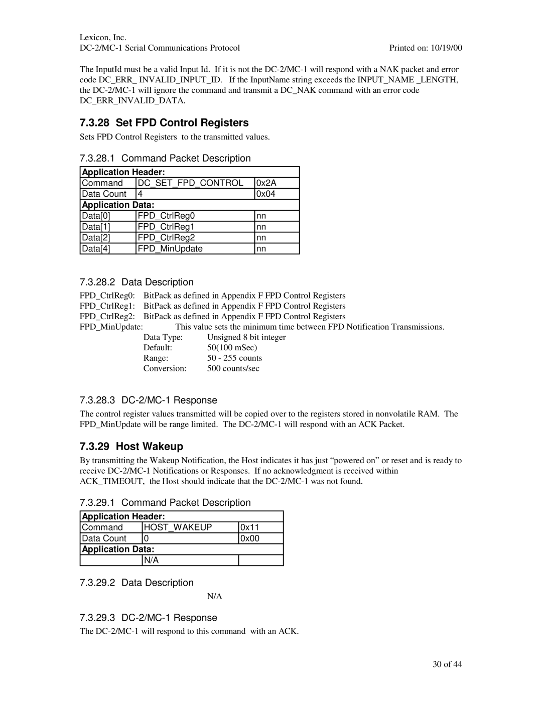 ABC Office Set FPD Control Registers, Host Wakeup, 28.3 DC-2/MC-1 Response, Data Description 29.3 DC-2/MC-1 Response 