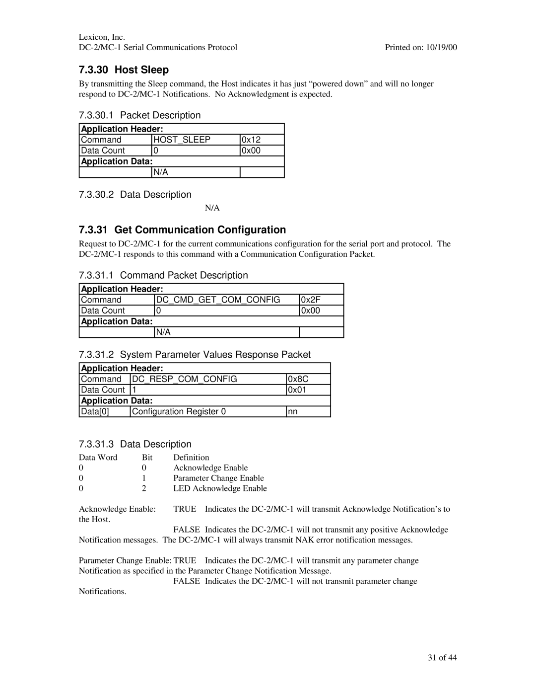 ABC Office DC-2, MC-1 manual Host Sleep, Get Communication Configuration, Data Description 