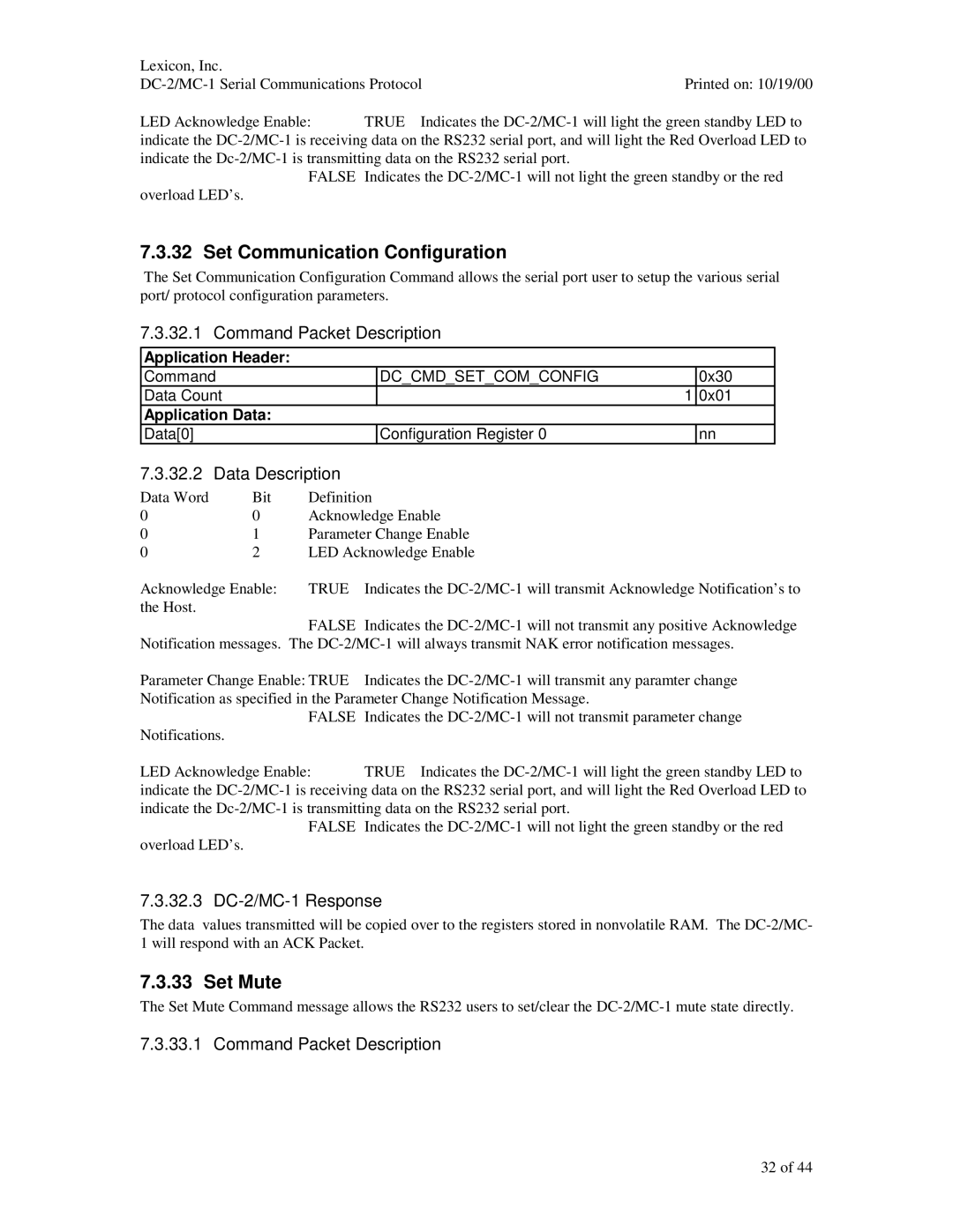 ABC Office Set Communication Configuration, Set Mute, Data Description, 32.3 DC-2/MC-1 Response, Dccmdsetcomconfig 