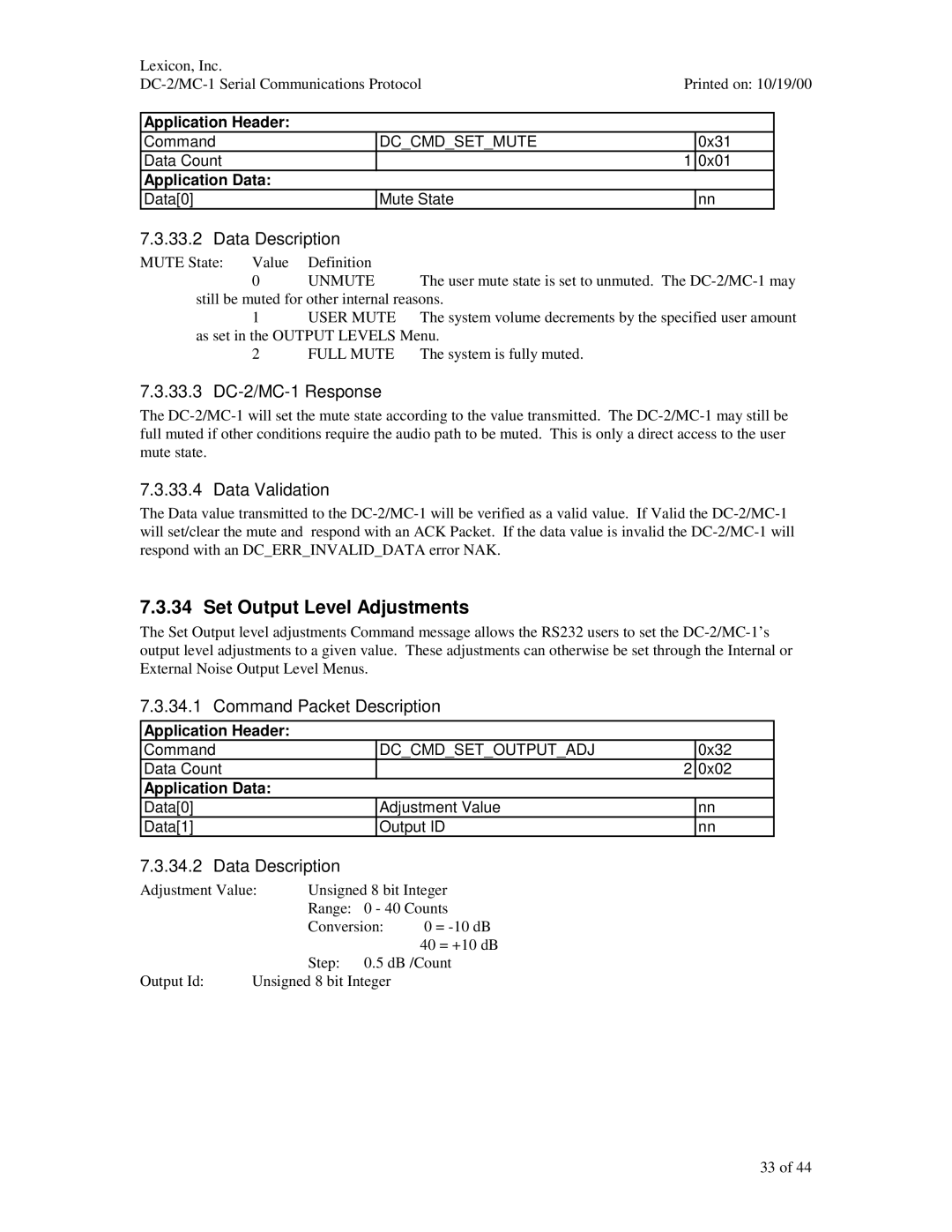 ABC Office Set Output Level Adjustments, 33.3 DC-2/MC-1 Response, Data Description, Dccmdsetmute, Dccmdsetoutputadj 