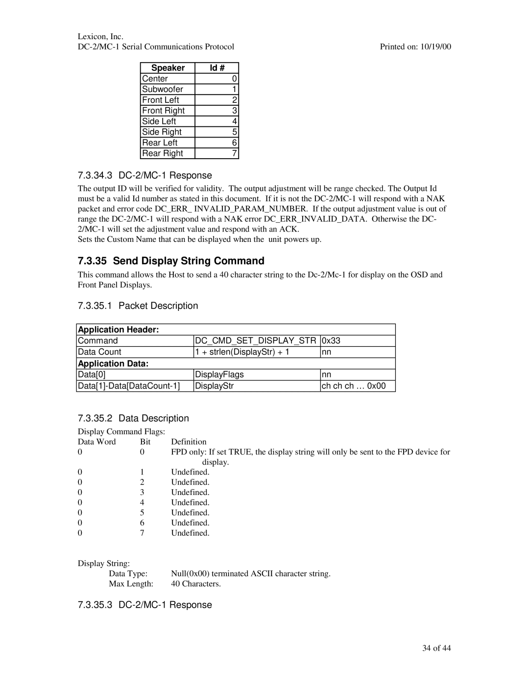 ABC Office manual Send Display String Command, 34.3 DC-2/MC-1 Response, Data Description, 35.3 DC-2/MC-1 Response 