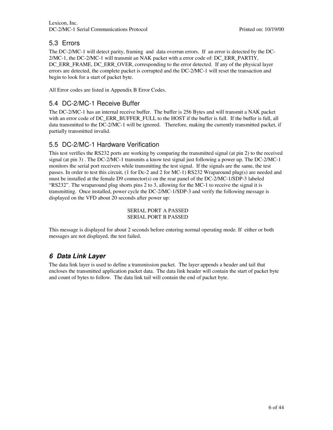 ABC Office manual Errors, DC-2/MC-1 Receive Buffer, DC-2/MC-1 Hardware Verification, Data Link Layer 