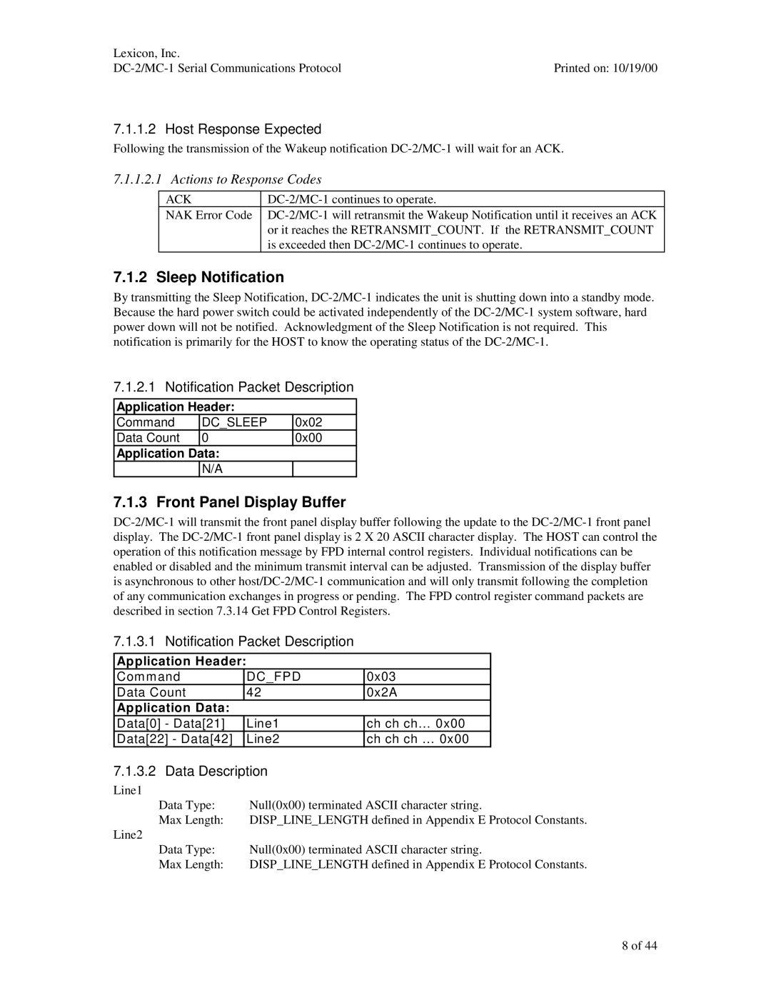 ABC Office MC-1, DC-2 manual Sleep Notification, Front Panel Display Buffer, Host Response Expected, Data Description, Dcfpd 