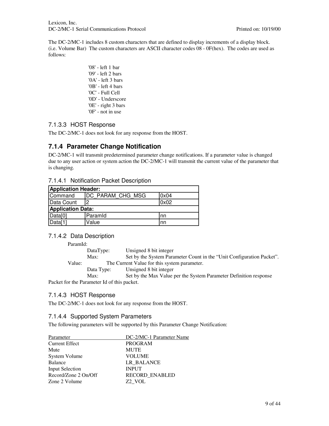 ABC Office DC-2, MC-1 manual Host Response, Supported System Parameters 