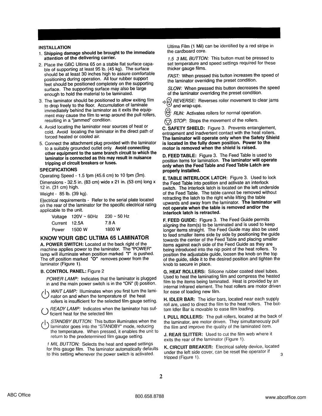 ABC Office ULTIMA 65 operating instructions ABC Office 800.658.8788 