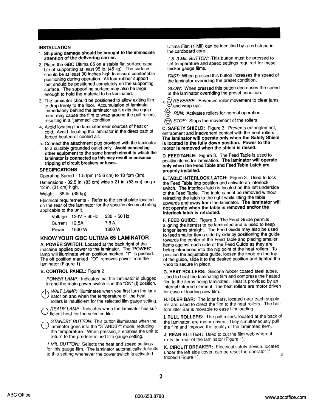 ABC Office ULTIMA 65 operating instructions ABC Office, 800.658.8788 