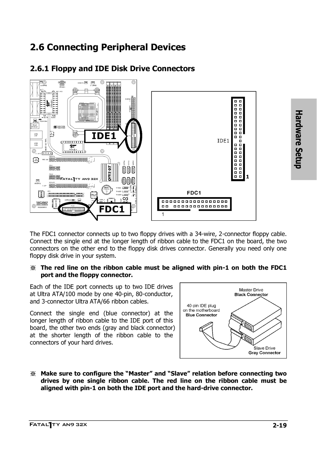 Abit AN9 32X manual Connecting Peripheral Devices, Floppy and IDE Disk Drive Connectors Hardware Setup 