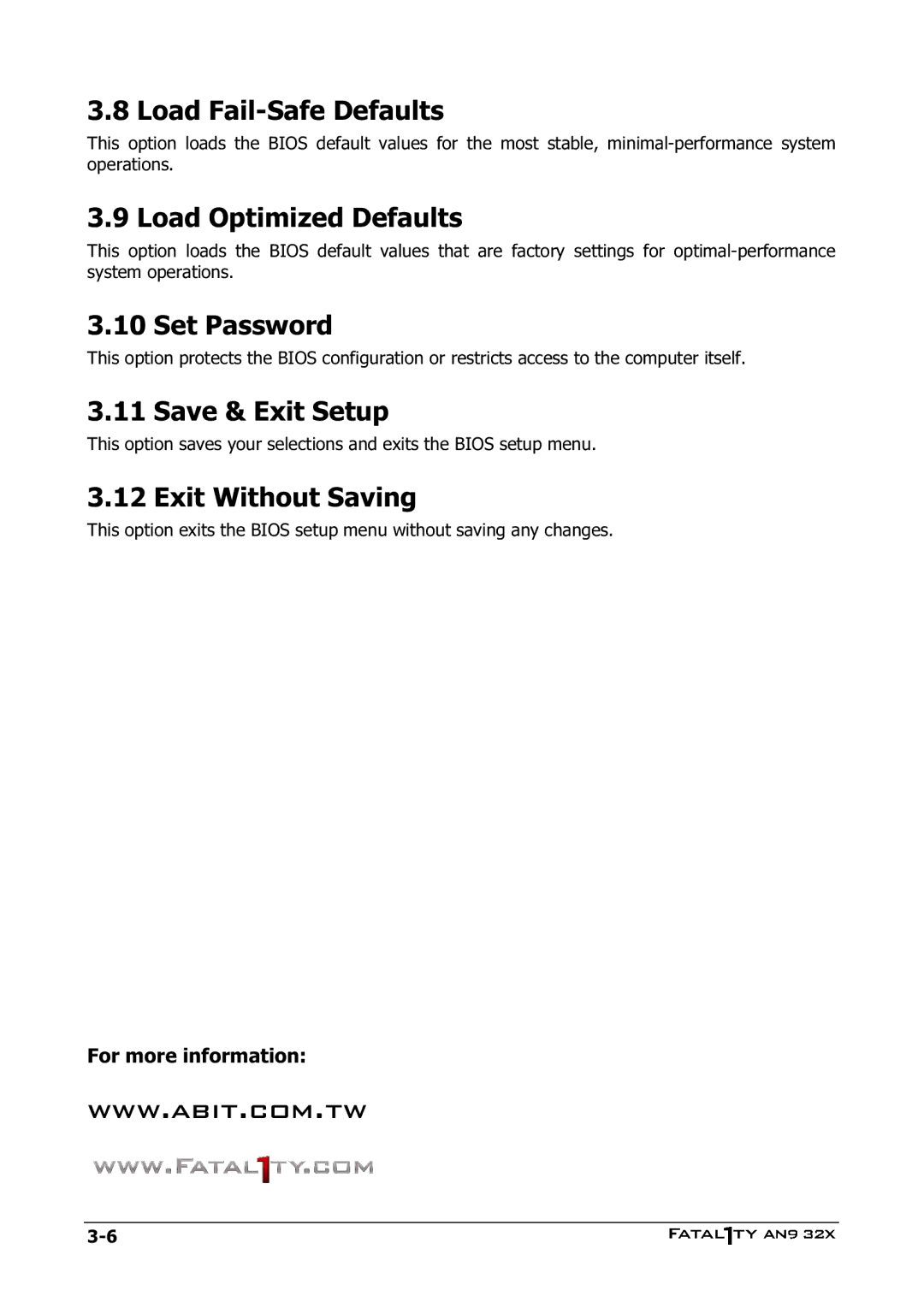 Abit AN9 32X manual Load Fail-Safe Defaults, Load Optimized Defaults, Set Password, Save & Exit Setup, Exit Without Saving 