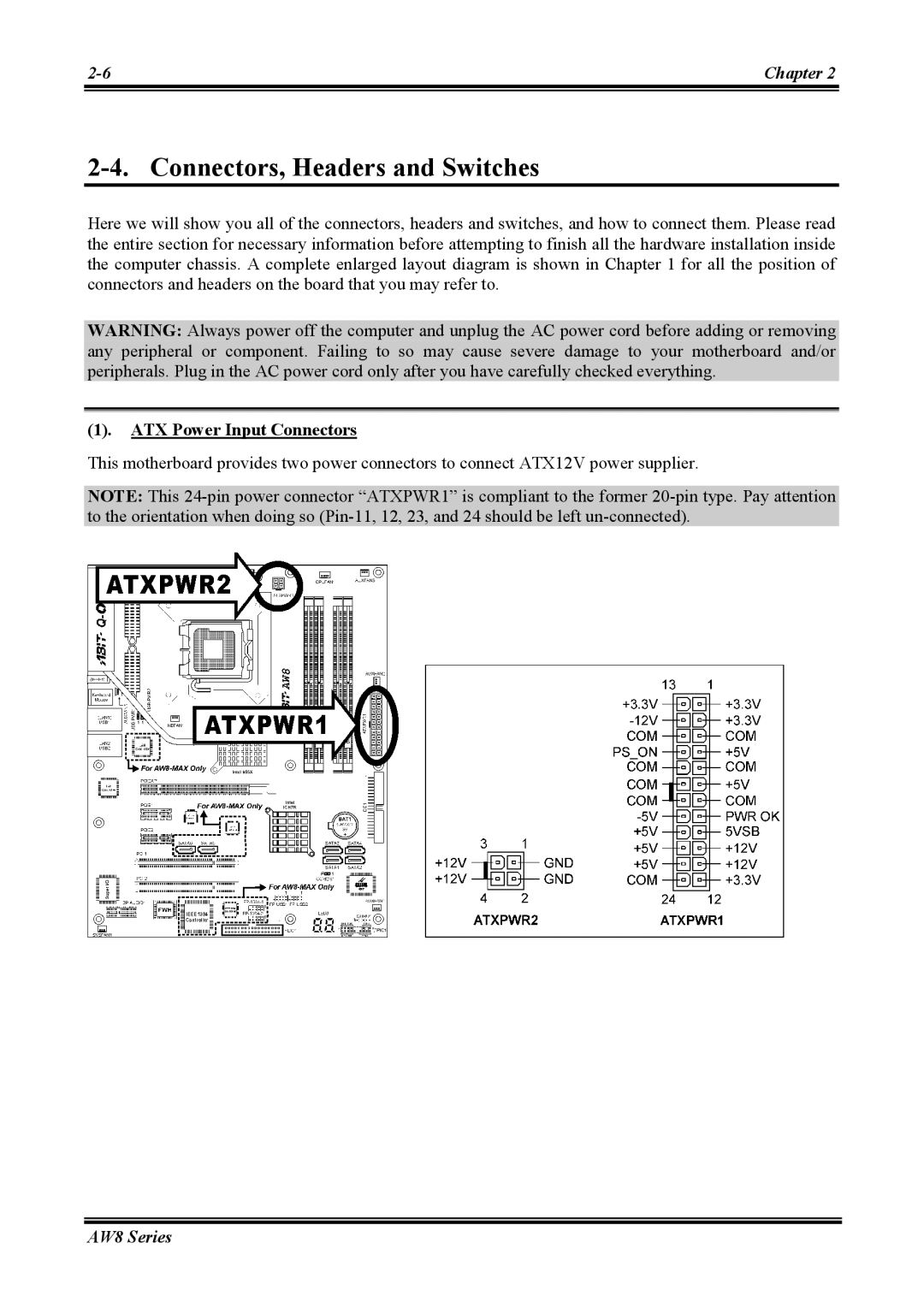 Abit AW8 user manual Connectors, Headers and Switches, ATX Power Input Connectors 