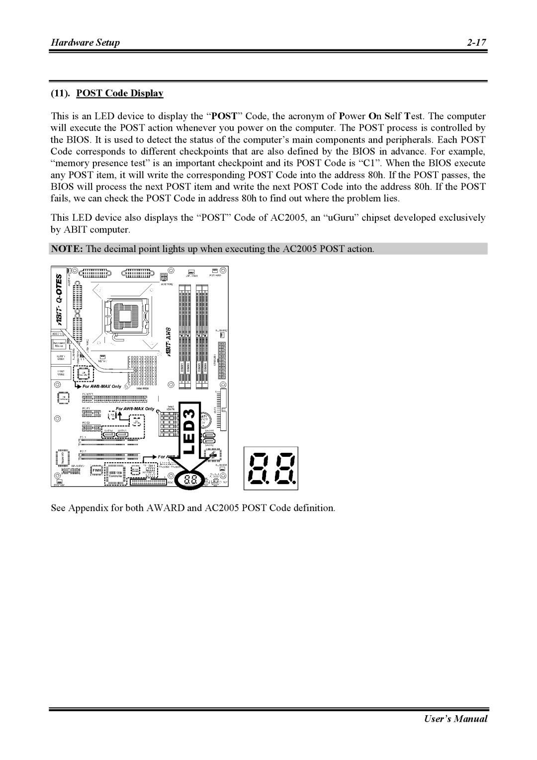 Abit AW8 user manual Post Code Display 