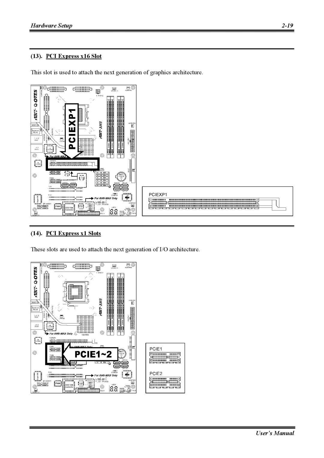 Abit AW8 user manual PCI Express x16 Slot, PCI Express x1 Slots 