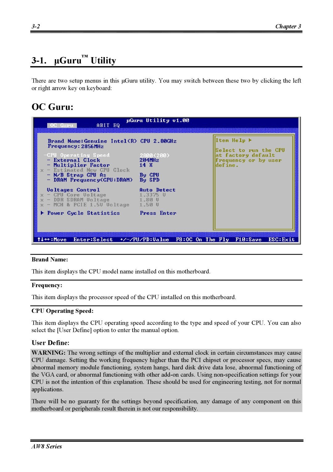 Abit AW8 user manual ΜGuru Utility, OC Guru, Brand Name, Frequency, CPU Operating Speed 