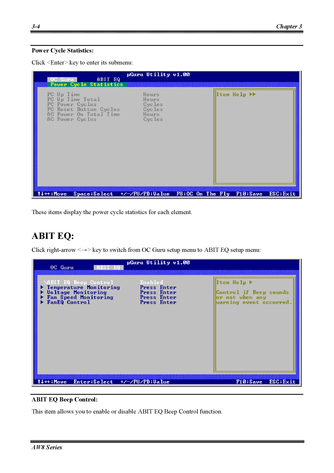 Abit AW8 user manual Power Cycle Statistics, Abit EQ Beep Control 