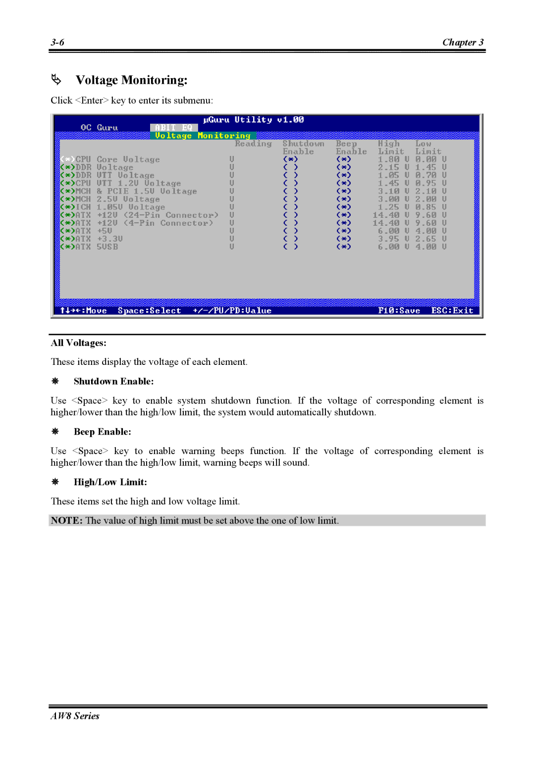 Abit AW8 user manual # Voltage Monitoring, All Voltages, High/Low Limit 