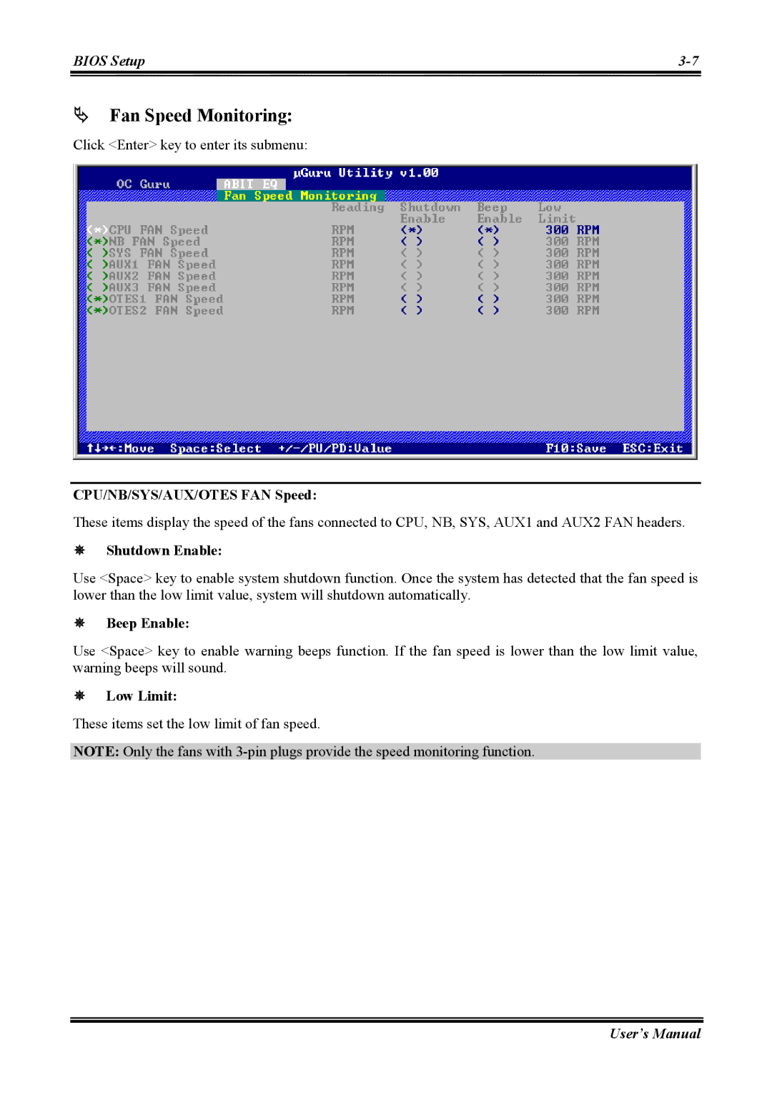 Abit AW8 user manual # Fan Speed Monitoring, CPU/NB/SYS/AUX/OTES FAN Speed, Low Limit 